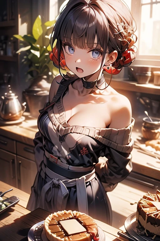 Adult Woman, masterpiece, 1girl, Amazing Cleavage:1.3, thin waist, big ass, Raised sexy, medium breast:1.3,posed cleavage:1.2,solo, open mouth, have a cup of coffee,black hair, red eyes, dress, bare shoulders, jewelry, collarbone, sidelocks, hairband, earrings, indoors, off shoulder, arms behind back, plant, short hair with long locks, black hairband, sweater dress, off-shoulder sweater, red sweater, big side hair, very long side hair,is rendered in (masterpiece: 1.2, best quality), with (ultra high resolution) and an exquisite (depth of field). This masterpiece is not only visually stunning but also tells, make of cooking some cakes ,in the kitchen,Long dark blonde wavy hair、her thin pubic hair, Puffy nipple、(short flared skirt)、garter stocking、Earring、Medium milk, cute smile face、(Pose to lean forward and emphasize the chest)、sexy hips、high-heels、atlibrary、((Close your arms to your chest and look up)),(with sparkling eyes and a contagious smile), looking at viewer,
