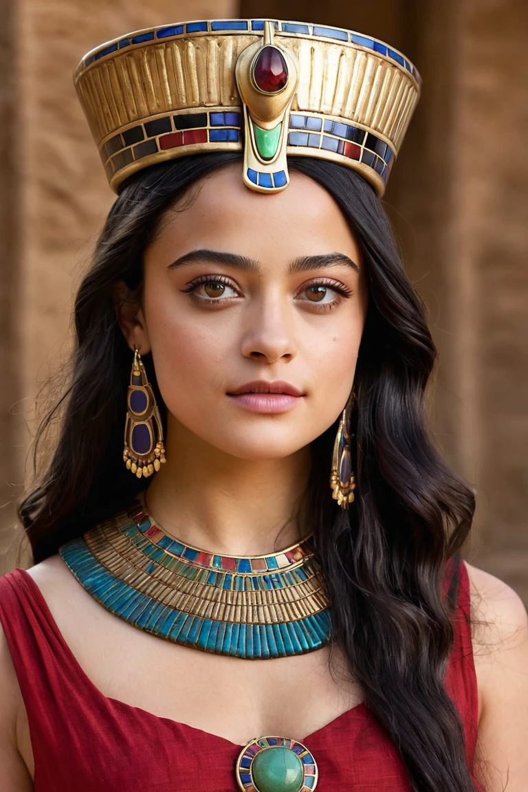 A 19-year-old daughter of actors Courtney Eaton and Rami Malek, dressed as an Egyptian princess from the 1530s. She has the facial features of both of them, but inherited Courtney's dark eyes, Courtney's dark, straight hair, and Rami's mouth. She is dressed in an elegant, modest red cotton tunic styled after the Egyptian goddess Hathor, wearing a crown in honor of Isis as gorgeous as any typical 16th-century Egyptian princess, and jewelry with precious stones.