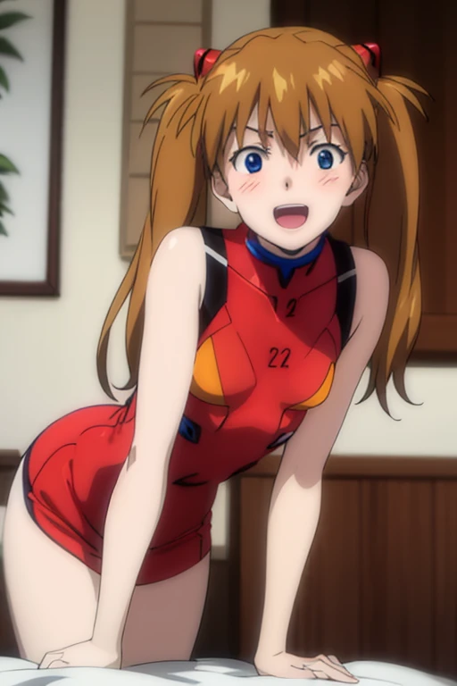 (( best quality)), ((masterpiece)), (be familiar with),  perfect face, indoor, bedroom,  viewer,
One woman,  Soryu Asuka Langley ,
 characters with open mouth ,  ecstatic expression with hands in front of body, blush, smile,
Small breasts,  flat chested, Young girl, Lori,  s,  girl,
 long hair,  twin tails,
Leg spread,