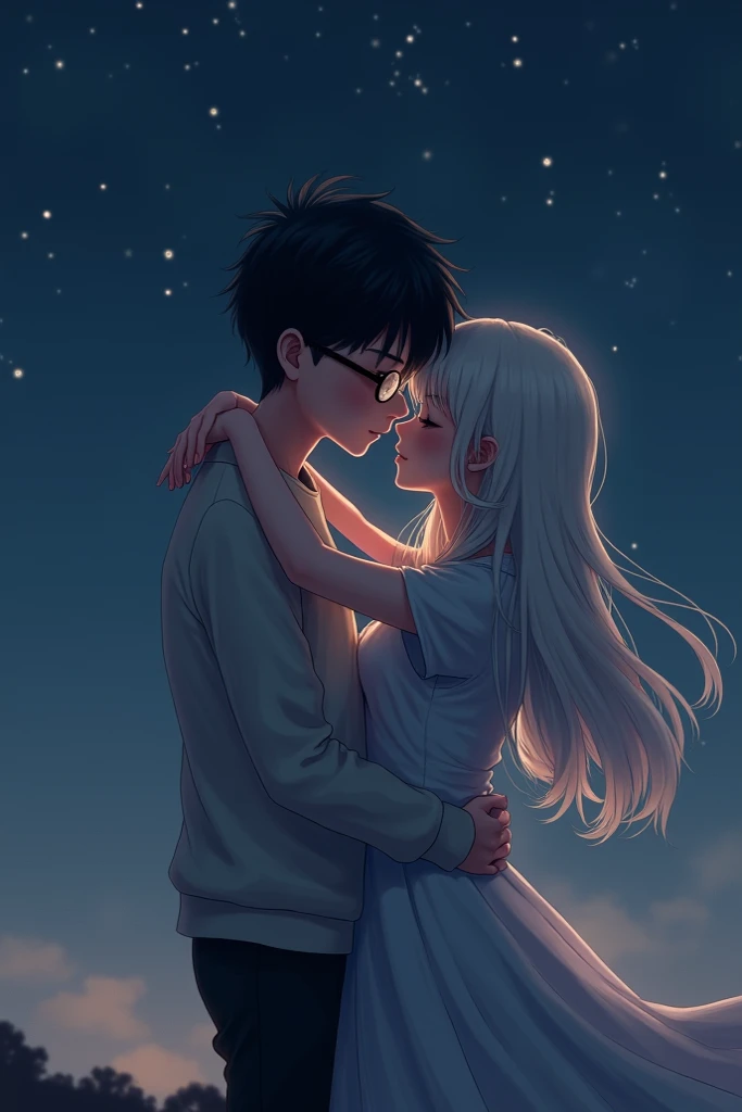 As night fell,Soft starlight shines on the two lovers,They kissed romantically under the bright starry sky,