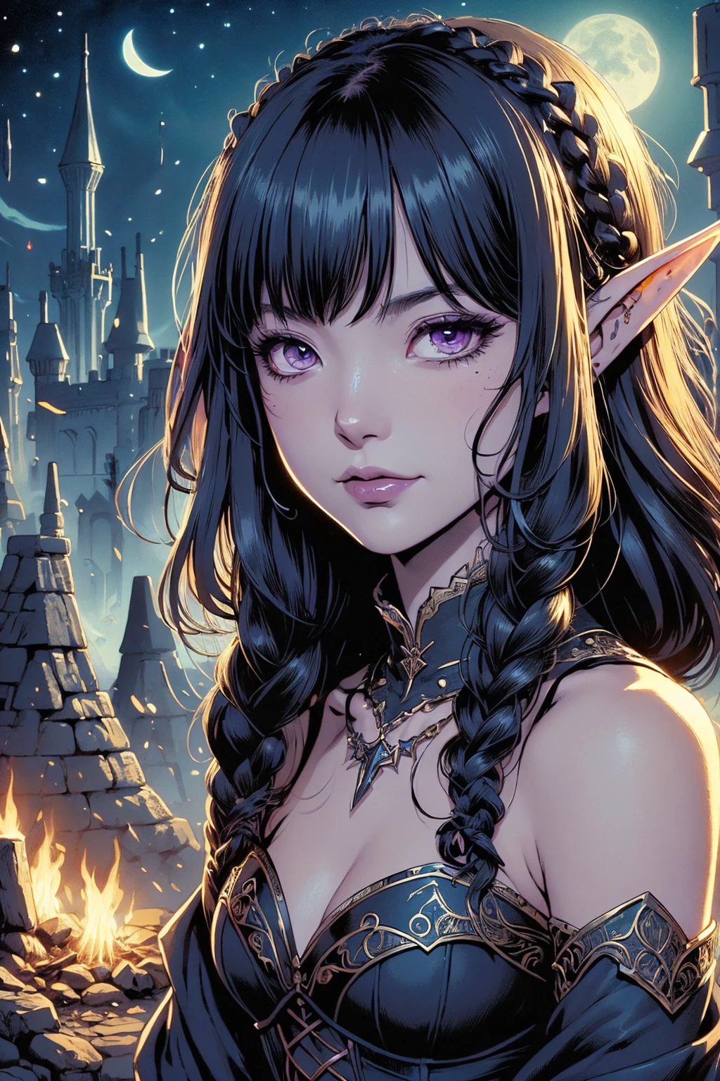 ( super detailed face,  ,  gothic fantasy illustration , Ukiyo-e, Comic art), 
break 
( Dark Elves: この中年の Dark Elvesの女性は銀髪をしている,  Short Bang ,  braids , dark purple skin, Lavender eyes.), 
break 
( Dark Elvesの女性航海士は、 blue and white swirly tight sailor dress and a 、 wearing sandals with the same pattern 。.), 
break 
( Dark Elvesの女性航海士が中世のガレー船型高速飛行水陸両用船の操舵室で舵輪を操作している。, Surrounded by a ring of seven colors of fire to give strength, a .)