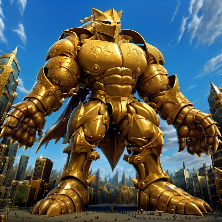 - Excalibur Sonic. Golden Armor. The whole body is golden.
- masterpiece. official art. 8k. best quality. detailed full body. full body.
- no face. wearing a full-face helmet.
- An arrogant expression. smile at the corner of your mouth.
- He with 4 arms.
- large muscles,  big muscle, huge muscles,  massive muscles, bulk up.
- focus GIANT Excalibur Sonic is trampling the city. Looking down. macro. stomp. Low-angle perspective. emphasizing the immense size. He has long legs.
- The nails are sharp. The nails are gold. There are five fingers.