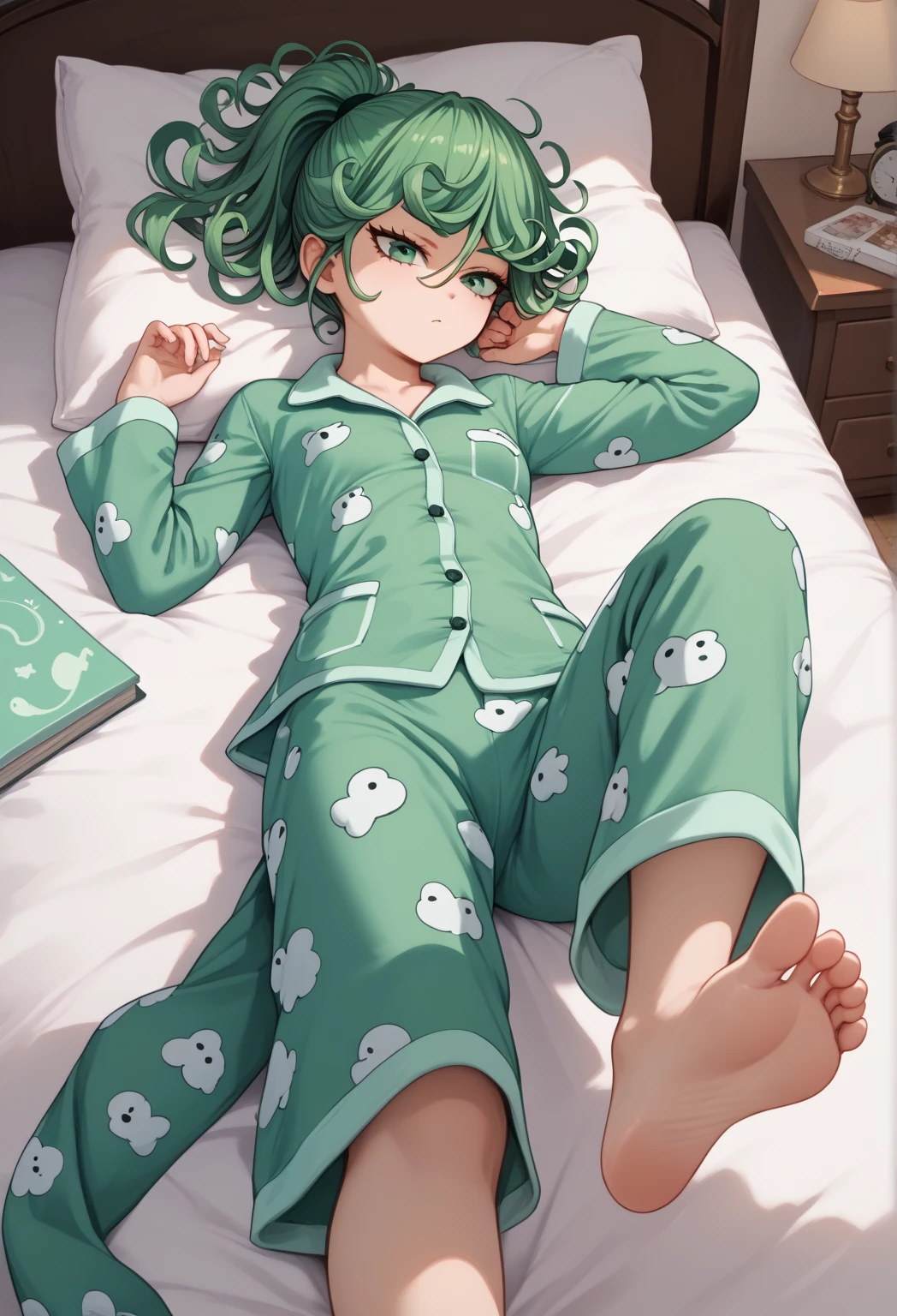 tatsumaki,green hair,curly hair,green eyes, long hair,small breast , Ponytail,
, High Resolution, Masterpiece, High Quality, Bangs, Hair Over One Eye, pajamas , on bed, feet, sleepy, lying on bed, green pajamas , cozy, 
