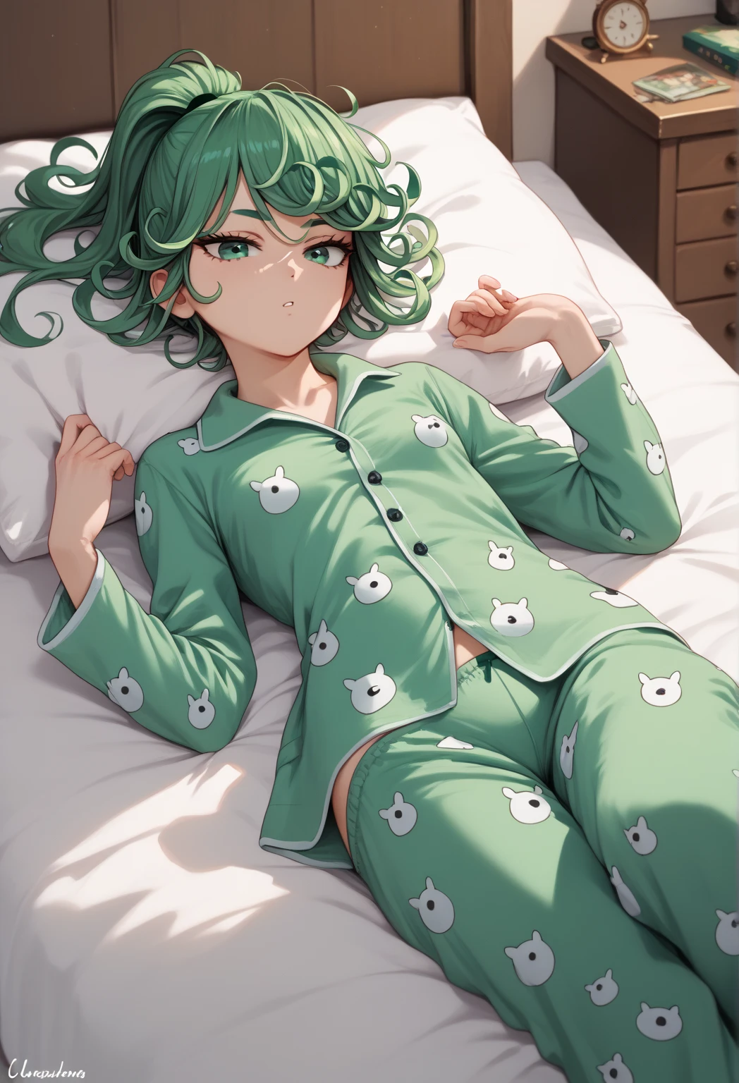 tatsumaki,green hair,curly hair,green eyes, long hair,small breast , Ponytail,
, High Resolution, Masterpiece, High Quality, Bangs, Hair Over One Eye, pajamas , on bed, feet, sleepy, lying on bed, green pajamas , cozy, 
