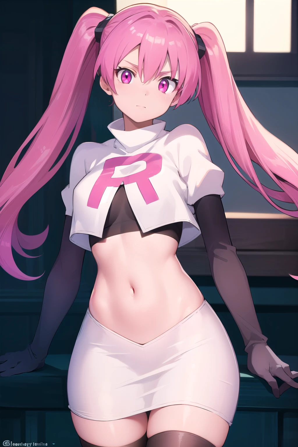 agkmine, mine, long hair, twintails, pink hair, (pink eyes:1.3),
BREAK team rocket,team rocket uniform,white skirt,red letter R,crop top,black thigh-highs,black elbow gloves,
BREAK looking at viewer, cowboy shot,
BREAK (masterpiece:1.2), best quality, high resolution, unity 8k wallpaper, (illustration:0.8), (beautiful detailed eyes:1.6), extremely detailed face, perfect lighting, extremely detailed CG, (perfect hands, perfect anatomy),