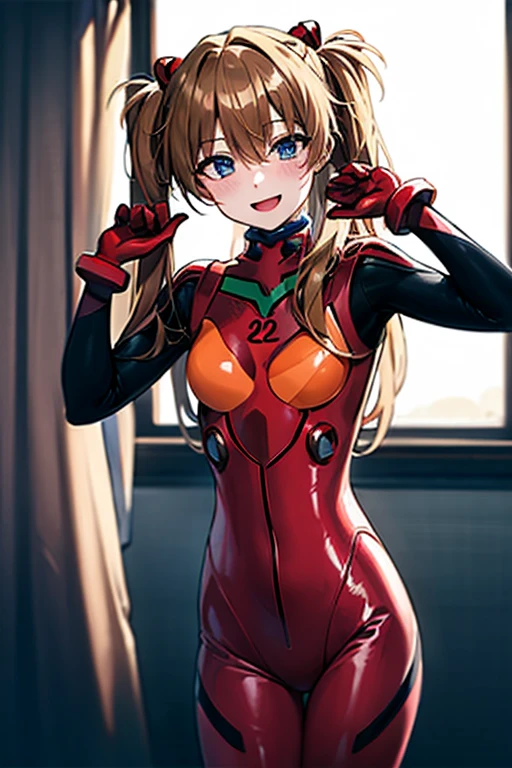 (( best quality)), ((masterpiece)), (be familiar with),  perfect face, indoor, bedroom,  viewer,
One woman,  Soryu Asuka Langley ,
 characters with open mouth ,  ecstatic expression with hands in front of body, blush, smile,
Small breasts,  flat chested, Young girl, Lori,  s,  girl,
 long hair,  twin tails,
Leg spread,