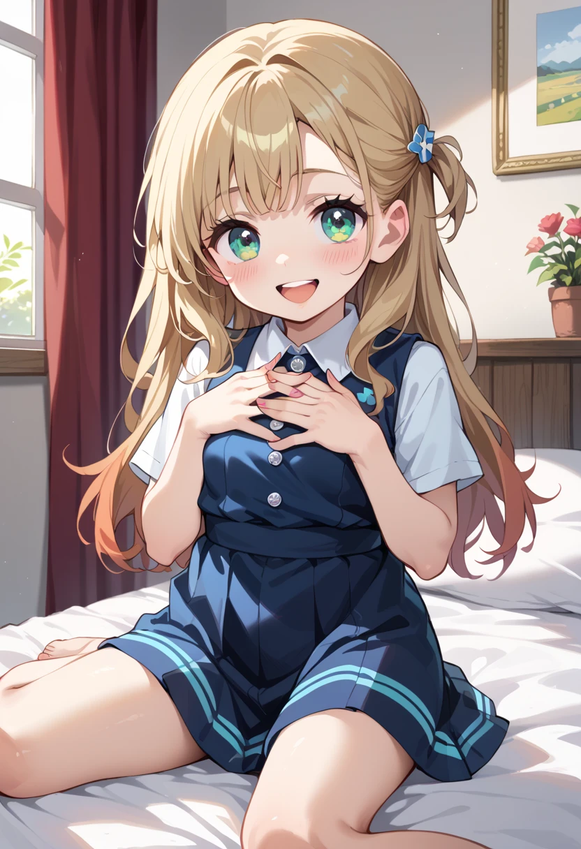 (( best quality)), ((masterpiece)), (be familiar with),  perfect face, indoor, bedroom,  viewer,
One woman,  Gamemun Neko ,
 characters with open mouth ,  ecstatic expression with hands in front of body, blush, smile,
Small breasts,  flat chested, Young girl, Lori,  kids,  girl,
 long hair,  long hair,
Leg spread,