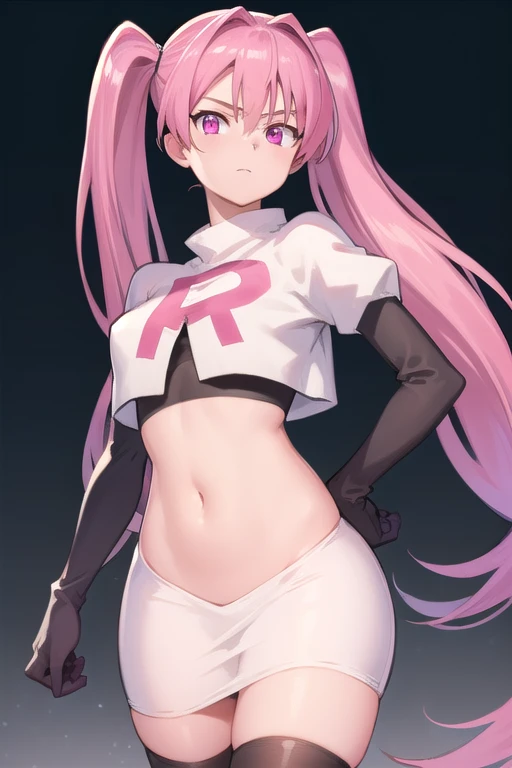 agkmine, mine, long hair, twintails, pink hair, (pink eyes:1.3),
BREAK team rocket,team rocket uniform,white skirt,red letter R,crop top,black thigh-highs,black elbow gloves,
BREAK looking at viewer, cowboy shot,
BREAK (masterpiece:1.2), best quality, high resolution, unity 8k wallpaper, (illustration:0.8), (beautiful detailed eyes:1.6), extremely detailed face, perfect lighting, extremely detailed CG, (perfect hands, perfect anatomy),