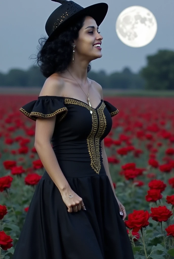  a mysterious woman , black hair wearing a black and gold dress with 7 ruffles ,  wearing a pretty hat under the full moon laughing in a field of red roses