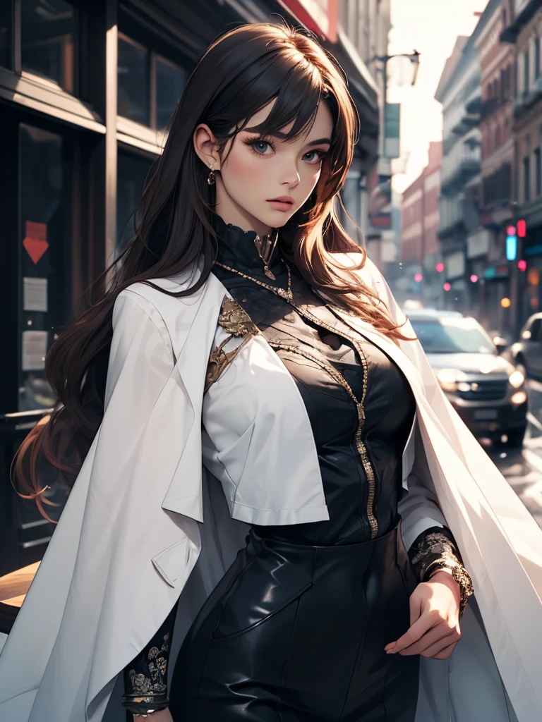 ((Finest quality)),(超A high resolution),(ultra-detailliert),(Meticulous portrayal),((Best Anime)),(Finest works of art),(Ultra-Precision Art),(The art of astounding depiction,Overwhelming depiction:1.5),(Complex and detailed contemporary art:1.6), (Female Fashion Model:1.6),coat, Warm sunshine:1.6,floating particles of light:1.3, breezing:1.5,