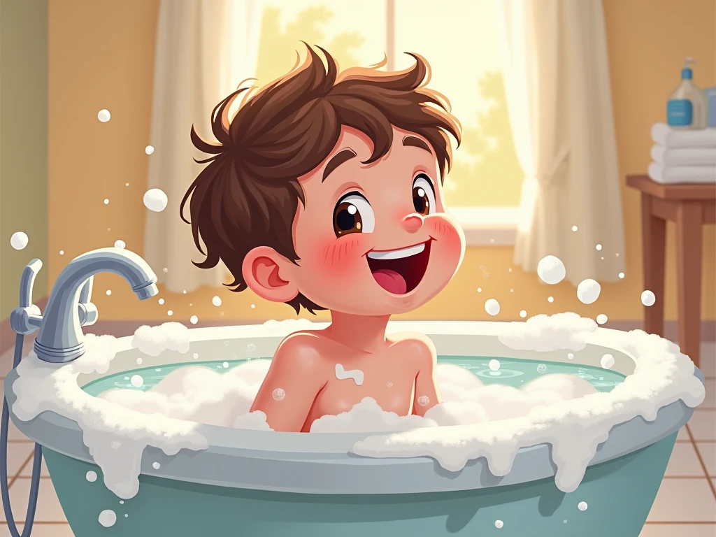 A young indian boy cartoon about 10 years of age having bath in the morning to go to school.