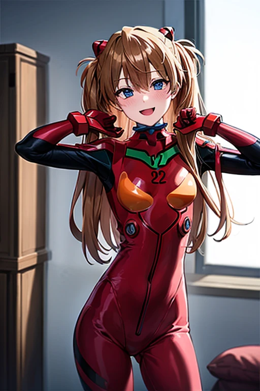 (( best quality)), ((masterpiece)), (be familiar with),  perfect face, indoor, bedroom,  viewer,
One woman,  Soryu Asuka Langley ,
 characters with open mouth ,  ecstatic expression with hands in front of body, blush, smile,
Small breasts,  flat chested, Young girl, Lori,  s,  girl,
 long hair,  twin tails,
Leg spread,