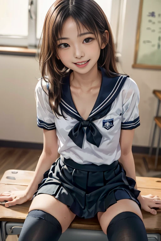 (reality: 1.4),highest quality, masterpiece, high detail, 16K quality, beautiful, 1 beautiful girl,japanese,super beautiful face,baby face,japanese idol face,cute face,super detailed face,detailed hand,beautiful skin,oily skin,big eyes,profeccional lighting,medium hair,black hair,brown beautiful eyes, big smile,standing, (skirt lift),big breasts,(sailor suit),(checked skirt),white panties,(showing panties),black high socks,spread legs, she is looking at the camera,classroom, nsfw,from below,