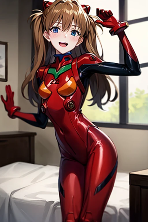 (( best quality)), ((masterpiece)), (be familiar with),  perfect face, indoor, bedroom,  viewer,
One woman,  Soryu Asuka Langley ,
 characters with open mouth ,  ecstatic expression with hands in front of body, blush, smile,
Small breasts,  flat chested, Young girl, Lori,  s,  girl,
 long hair,  twin tails,
Leg spread,