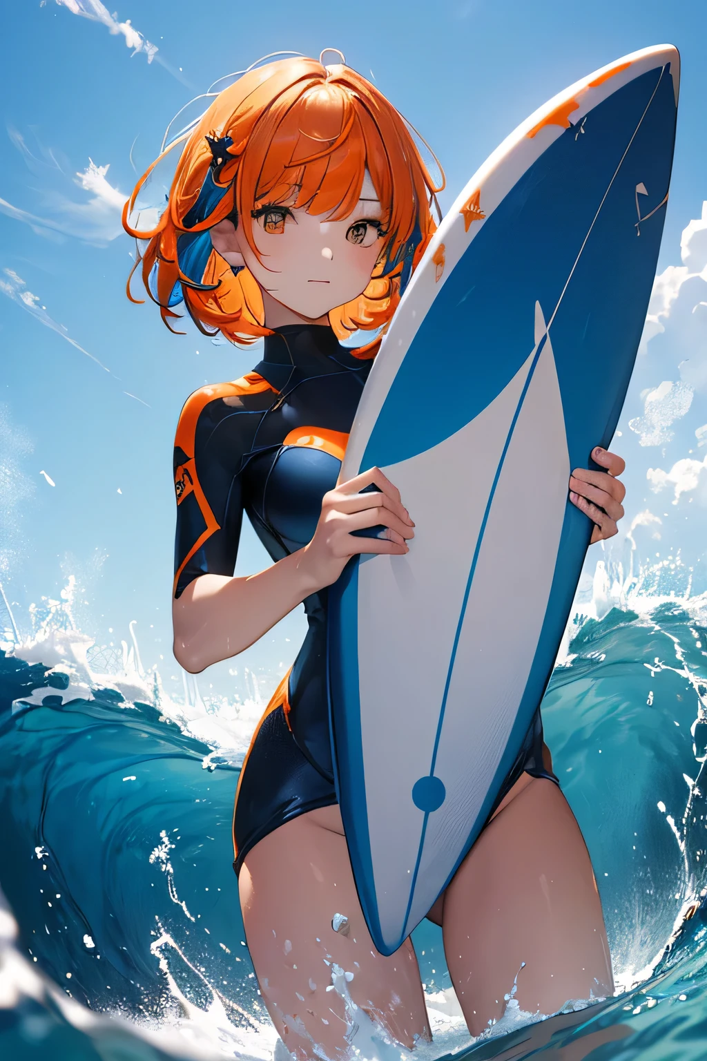 Asuka Langley Soryu riding big ocean wave in the sunset, (((looking at camera))):1.0, Miki Asai Macro photography, close-up, hyper detailed, trending on artstation, sharp focus, studio photo, intricate details, highly detailed, by greg rutkowski
