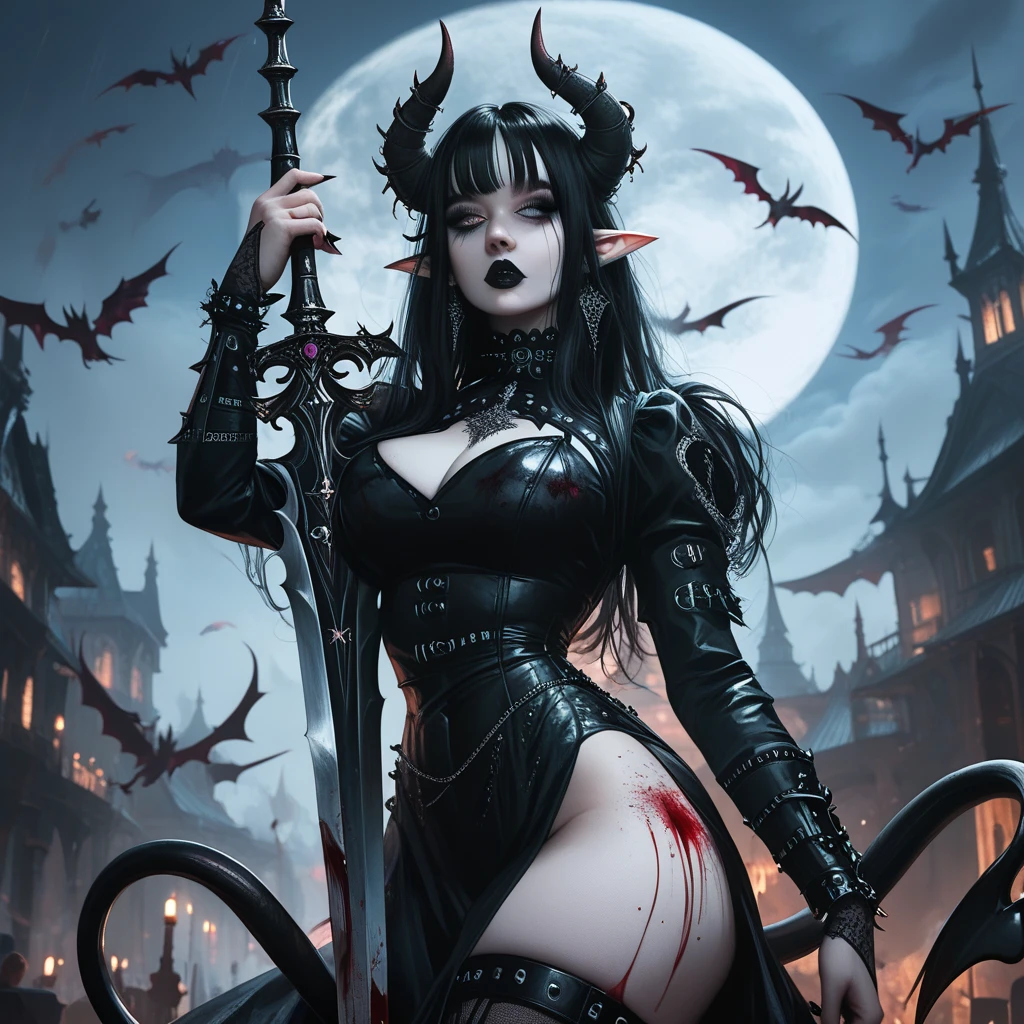 ((Masterpiece)) , ((highres)), ((full moon background)), a beautifully female,  ((long black hair)), demon horns, demon tail, defined lips, black lipstick, defined eyes, red iris, black pupil, long eyelashes, dark eyeshadow, defined nose, elf ears, large breast, hour glass figure, big butt, ((large breast)), dominatrix style dress, o ring collar, clear face, HD face, clear face, soft skin, clear skin, gothic, gothic style