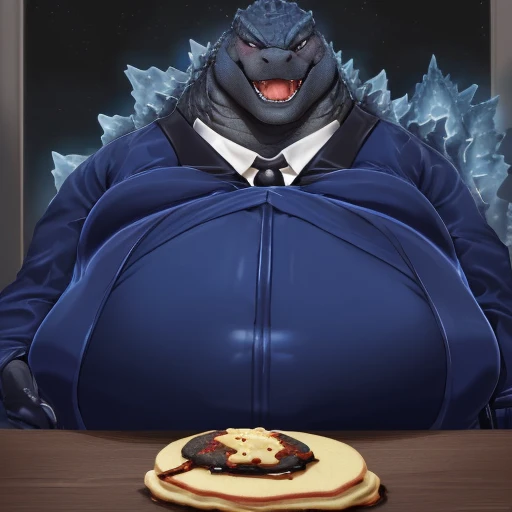 (solo:1.3) fat muscular menacing looking (1godzilla), (elegant dark-blue attair suit, black tie:2), (pudgy, belly huge enormous:1.8), (holding pancakes:1.5), (squishing suit:1.65), (godzilla is sitting by table:1.5), (scales on back of Godzilla body:1.5), (laughing:1.3), (looking at viewer:1.2), (wide shot:1.5), 8k, 1080P, masterpiece