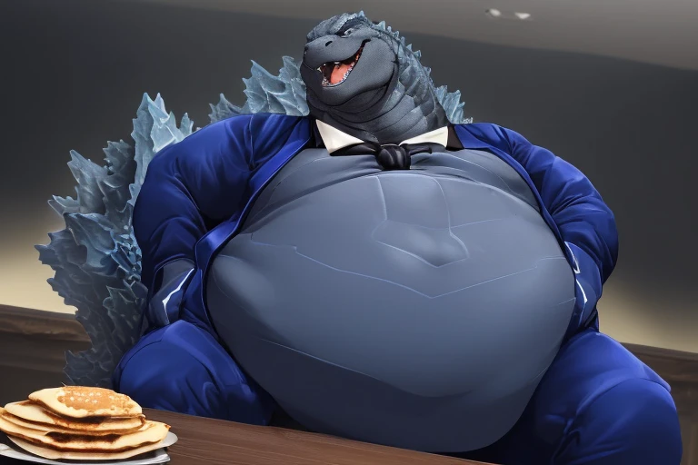 (solo:1.3) fat muscular menacing looking (1godzilla), (elegant dark-blue attair suit, black tie:2), (pudgy, belly huge enormous:1.8), (holding pancakes:1.5), (squishing suit:1.65), (godzilla is sitting by table:1.5), (scales on back of Godzilla body:1.5), (laughing:1.3), (looking at viewer:1.2), (wide shot:1.5), 8k, 1080P, masterpiece