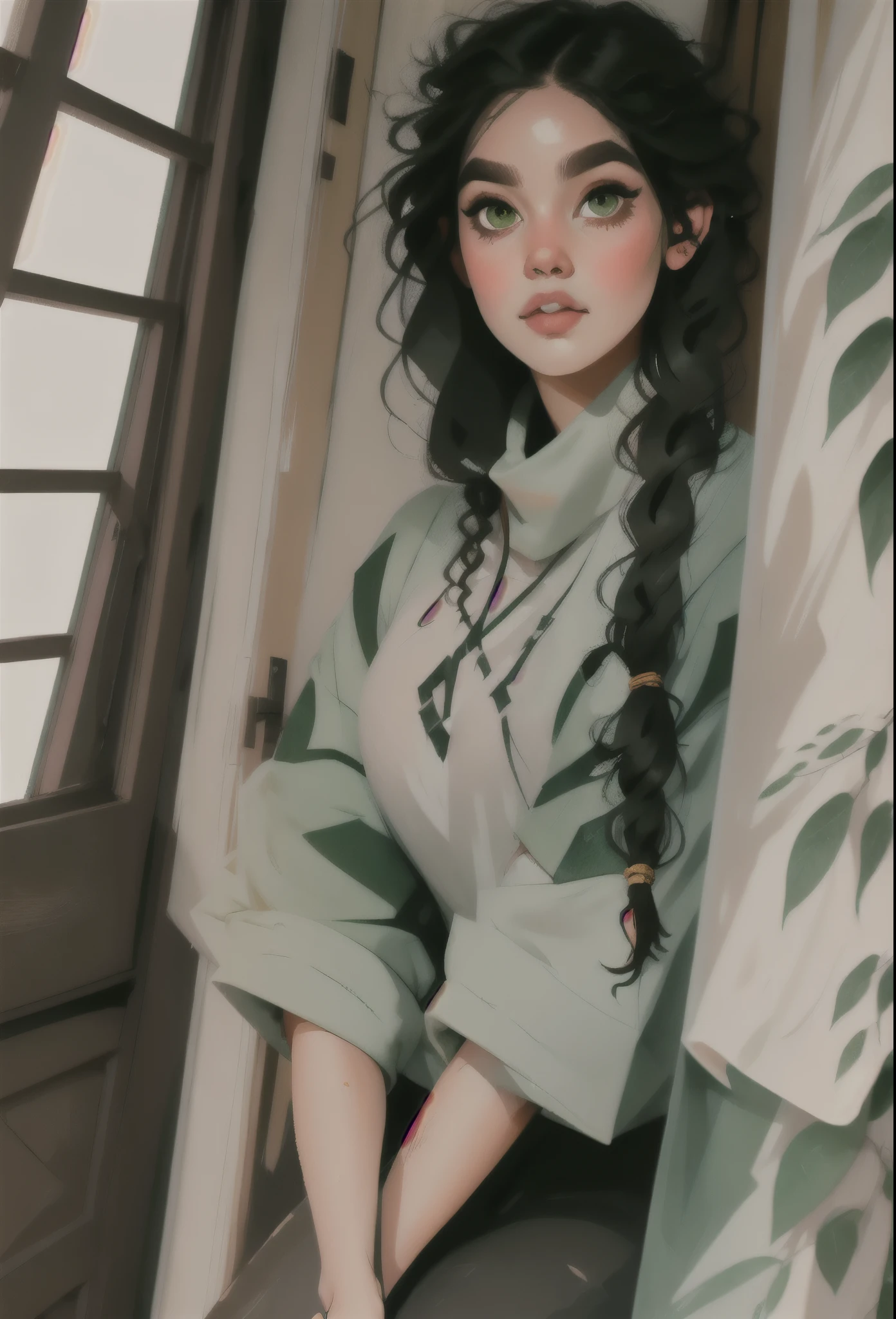 Score_9, Score_8, Score_7, TDPStyle, Claudia, Black Hair, Braided, Dirty White Rags, Green Eyes, sitting, looking into the viewer, with sunlight filtering through the windows, 1girl