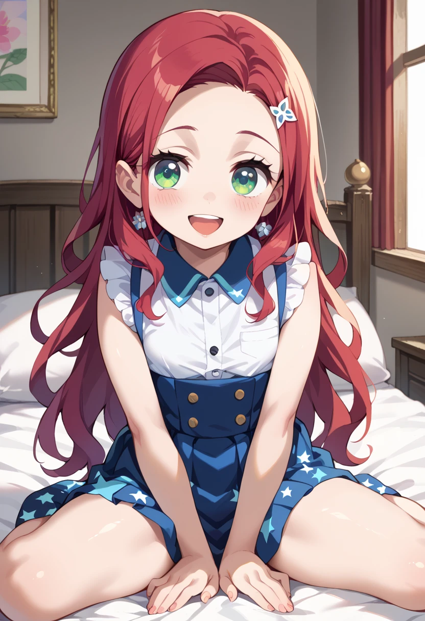 (( best quality)), ((masterpiece)), (be familiar with),  perfect face, indoor, bedroom,  viewer,
One woman,  Gamemun Neko ,
 characters with open mouth ,  ecstatic expression with hands in front of body, blush, smile,
Small breasts,  flat chested, Young girl, Lori,  kids,  girl,
 long hair,  long hair,
Leg spread,