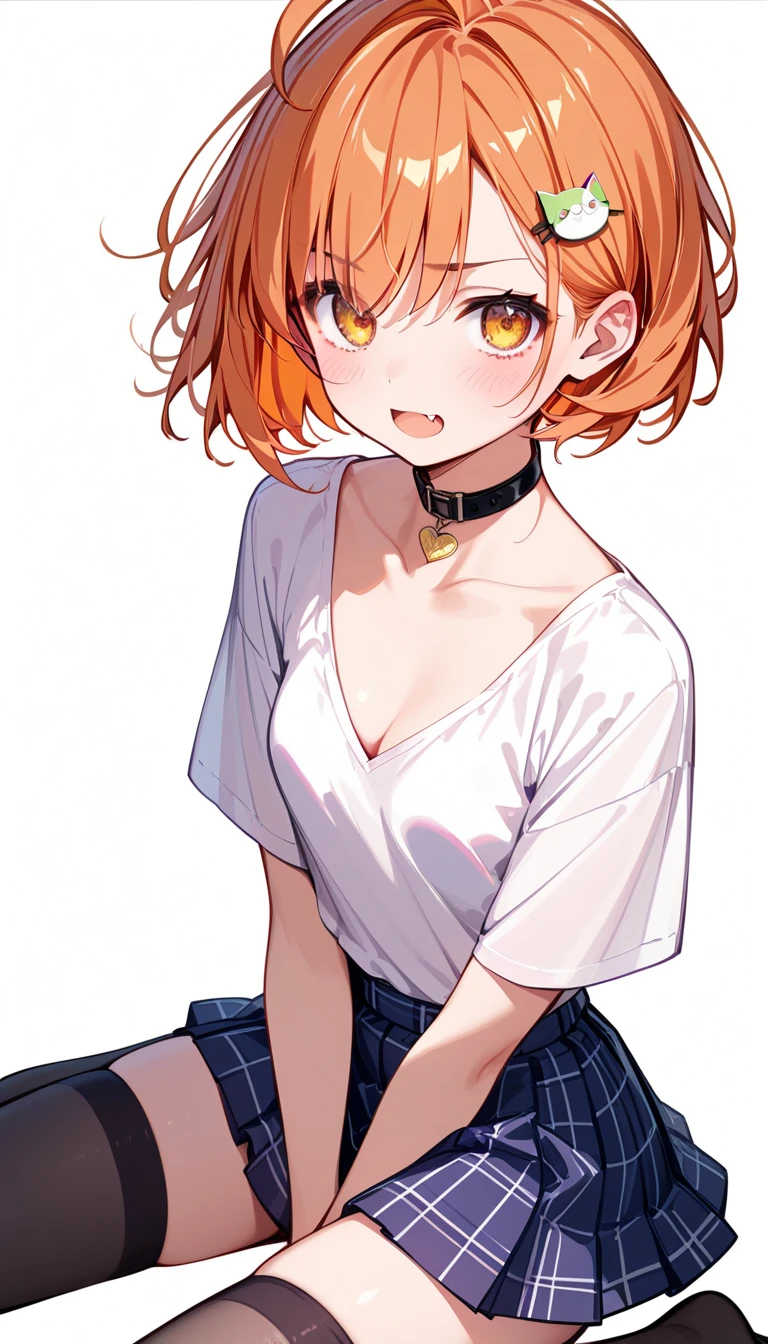 High image quality 、 High Quality 、 one girl who is at ease 、 shy expression 、 embarrassed 、 smiles、 elementary school students、Lori、Orange Hair、 the tips of the hair are pink、 short bob cut、Ahoge、Golden Eyes、Slanted Eyes、Fang、 short、Chibi、Small breasts、 cleavage、 face close-up、 taken from above、 looking at the camera 、 white shirt、 plaid mini skirt、Cat hairpin、 stockings、 choker、 simple background