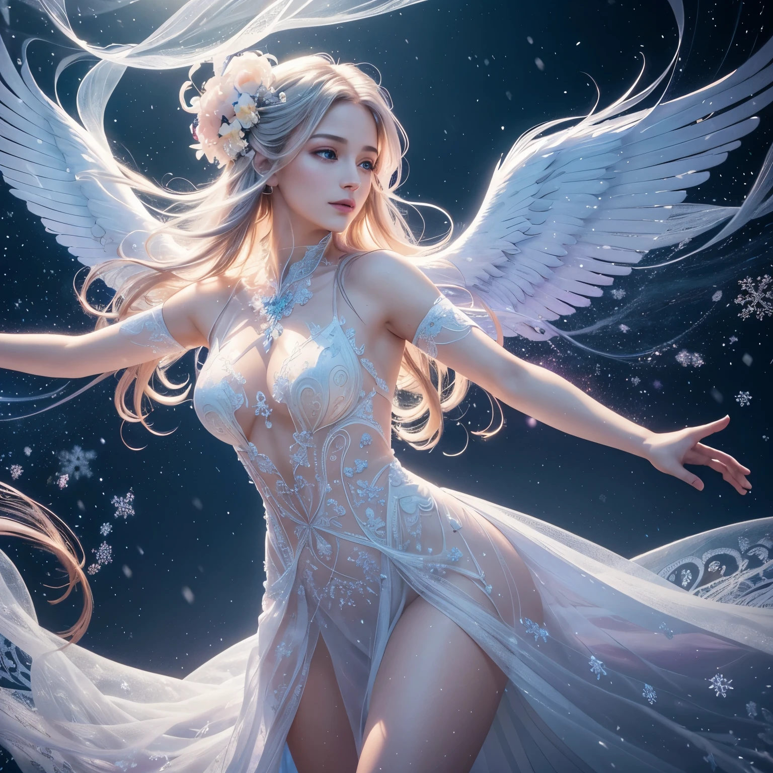 The Snow Queen, she wearing Long silver glittering dress , big breasts,The Ice crown On her head,Background is Ice snakes and Ice butterflies flying