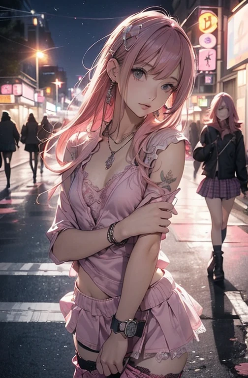 (Masterpiece, BestQuality:1.3), (ultra detailed:1.2), (hyperrealistic:1.3), (RAW photo:1.2), High detail RAW color photo, professional photograph, (Photorealistic:1.4), (realistic:1.4), professional lighting, perfect anatomy, (Big Breasts), (blush, detailed face), (cheerful Smile:1.5), (Pink Hair:1.5), Trending Hair&Trending Hairカラーをランダムに, earrings, necklace, bracelet, sexly, erotic sexly, Random sexy gravure poses, (Red lace blouse、Black mini skirt、City of night、Mysterious smile、Pose under a streetlight, boldly spreading her legs and pulling up her skirt with her hands: 1.3)