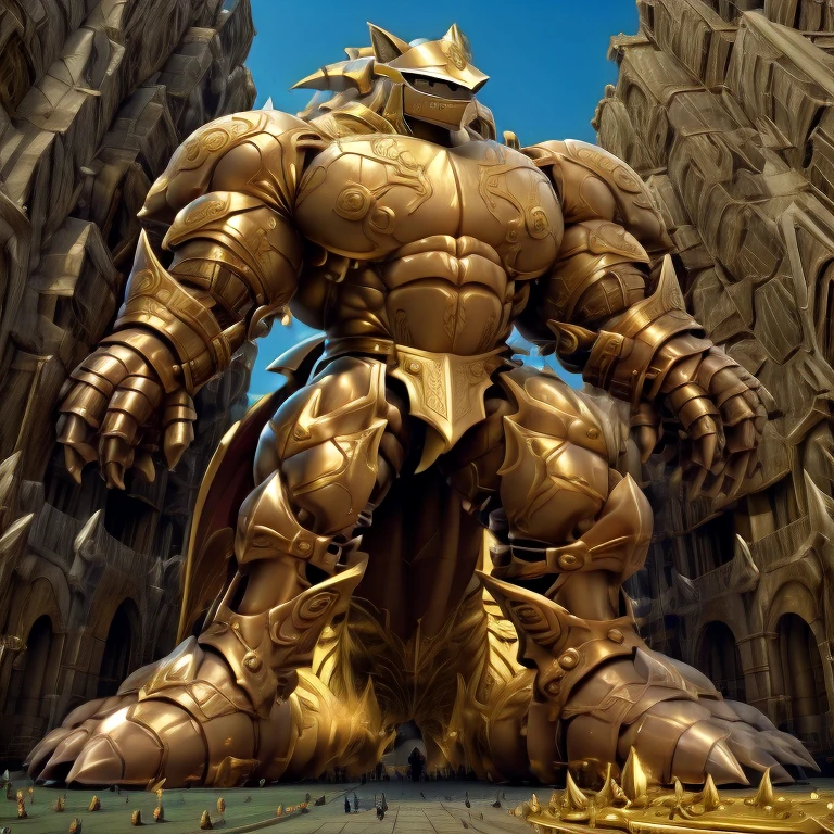 - Excalibur Sonic. Golden Armor. The whole body is golden.
- masterpiece. official art. 8k. best quality. detailed full body. full body.
- no face. wearing a full-face helmet.
- An arrogant expression. smile at the corner of your mouth.
- He with 4 arms.
- large muscles,  big muscle, huge muscles,  massive muscles, bulk up.
- focus GIANT Excalibur Sonic is trampling the medieval city. Looking down. macro. stomp. Low-angle perspective. emphasizing the immense size. He has long legs.
- The nails are sharp. The nails are gold. There are five fingers.