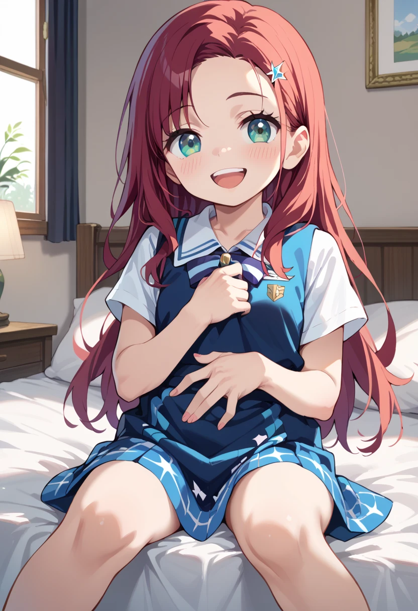 (( best quality)), ((masterpiece)), (be familiar with),  perfect face, indoor, bedroom,  viewer,
One woman,  Gamemun Neko ,
 characters with open mouth ,  ecstatic expression with hands in front of body, blush, smile,
Small breasts,  flat chested, Young girl, Lori,  kids,  girl,
 long hair,  long hair,
Leg spread,