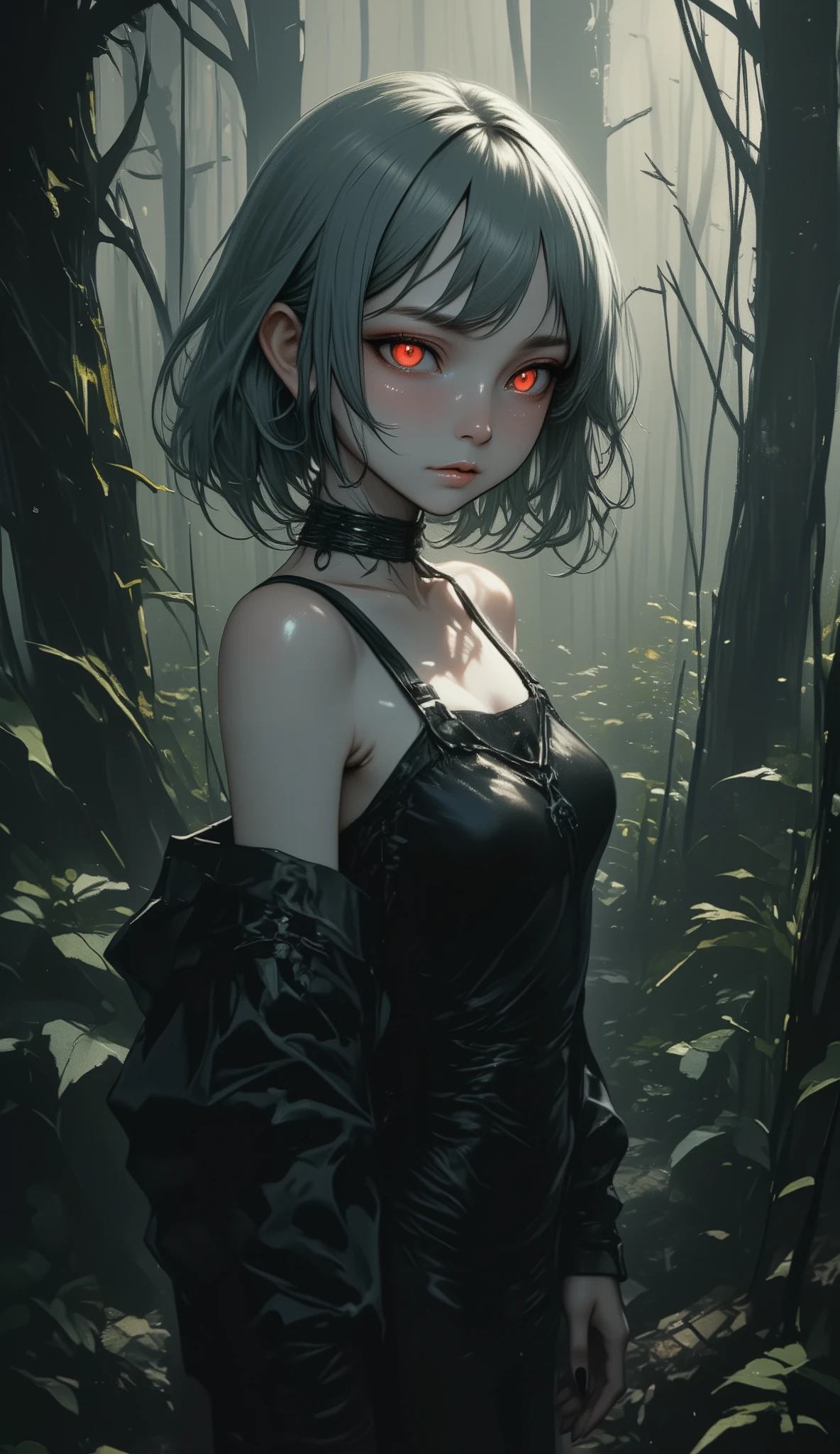   best quality 、masterpiece、 RAW photo、 film grain 、Beautiful grey haired girl with 、 sharp red eyes, red eyes, Expressionless,Barbed Wire Choker, black nail ,Tight black latex dress、Nice dress、Reflective Dress、Outdoor、wilderness、暗いwilderness