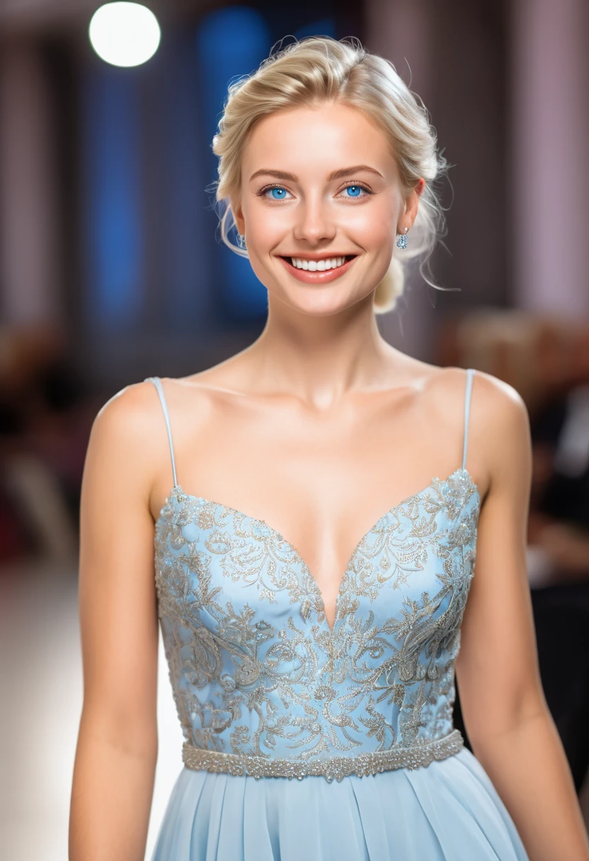 masterpiece, (photorealistic:1.3), best quality,kiev fashion show,
(unbelievably beautiful super model),(6 feet tall:1.2),,(big breasts) , pale skin,(seductive smile:0.5),
look at viewer,walking,ponytail,(fashion dress),indoors,
(blue eyes),high heel,