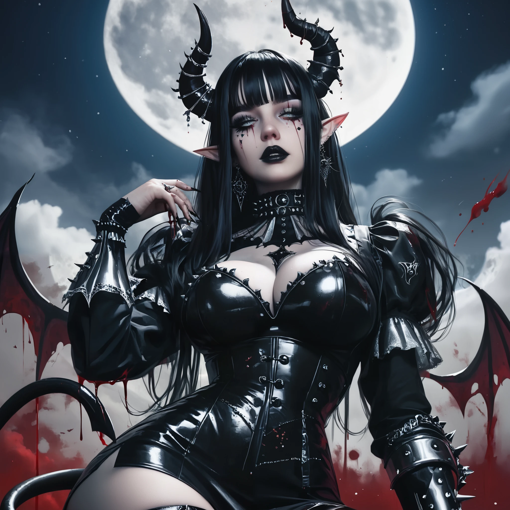 ((Masterpiece)) , ((highres)), ((full moon background)), a beautifully detailed succubus female,  ((long black hair)), demon horns, demon tail, defined lips, black lipstick, defined eyes, grey iris, defined nose, elf ears, large breast, hour glass figure, big butt, large breast, Armoured dress, black dress, silver trim, blood splatters on body, clear face, HD face, gothic, gothic style
