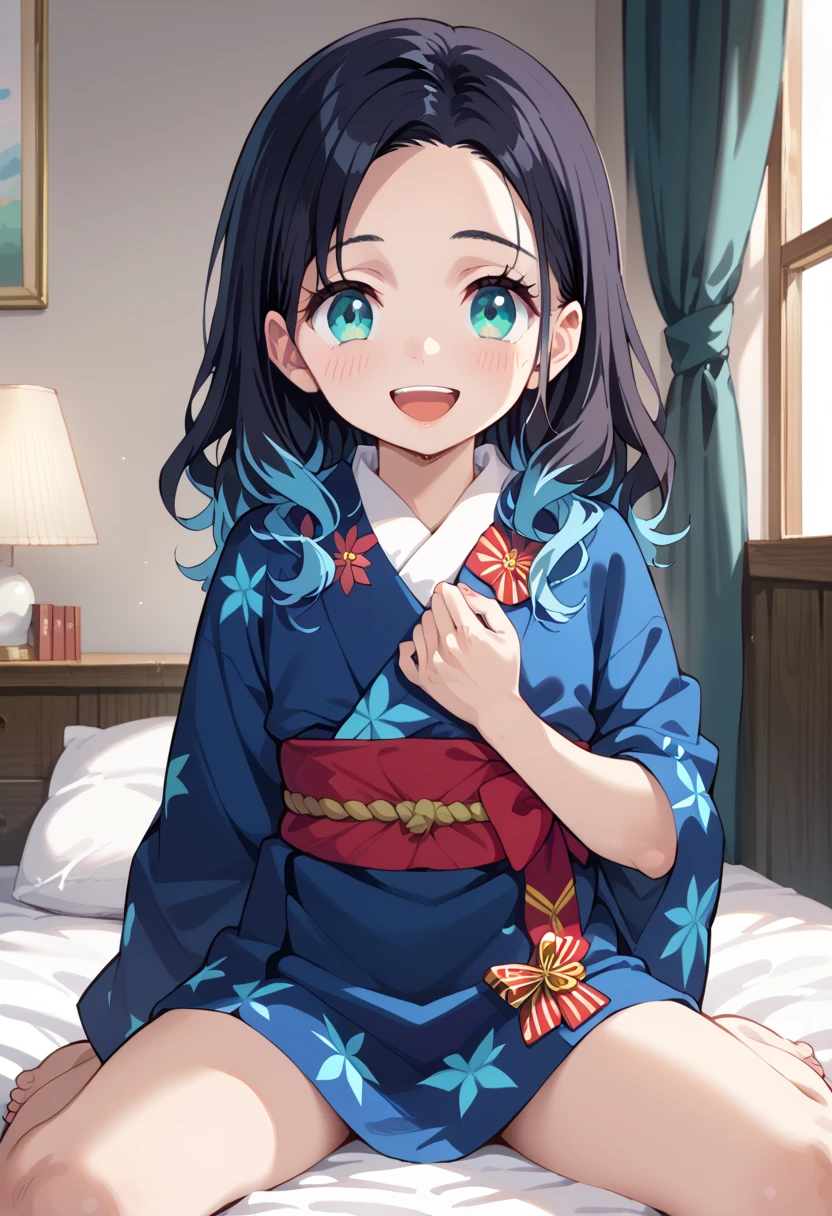 (( best quality)), ((masterpiece)), (be familiar with),  perfect face, indoor, bedroom,  viewer,
One woman,  Gamemun Neko ,
 characters with open mouth ,  ecstatic expression with hands in front of body, blush, smile,
Small breasts,  flat chested, Young girl, Lori,  ,  girl,
 long hair,  long hair,
Leg spread,