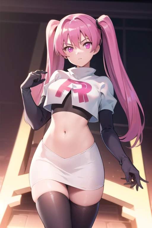 agkmine, mine, long hair, twintails, pink hair, (pink eyes:1.3),
BREAK team rocket,team rocket uniform,white skirt,red letter R,crop top,black thigh-highs,black elbow gloves,
BREAK looking at viewer, cowboy shot,
BREAK (masterpiece:1.2), best quality, high resolution, unity 8k wallpaper, (illustration:0.8), (beautiful detailed eyes:1.6), extremely detailed face, perfect lighting, extremely detailed CG, (perfect hands, perfect anatomy),