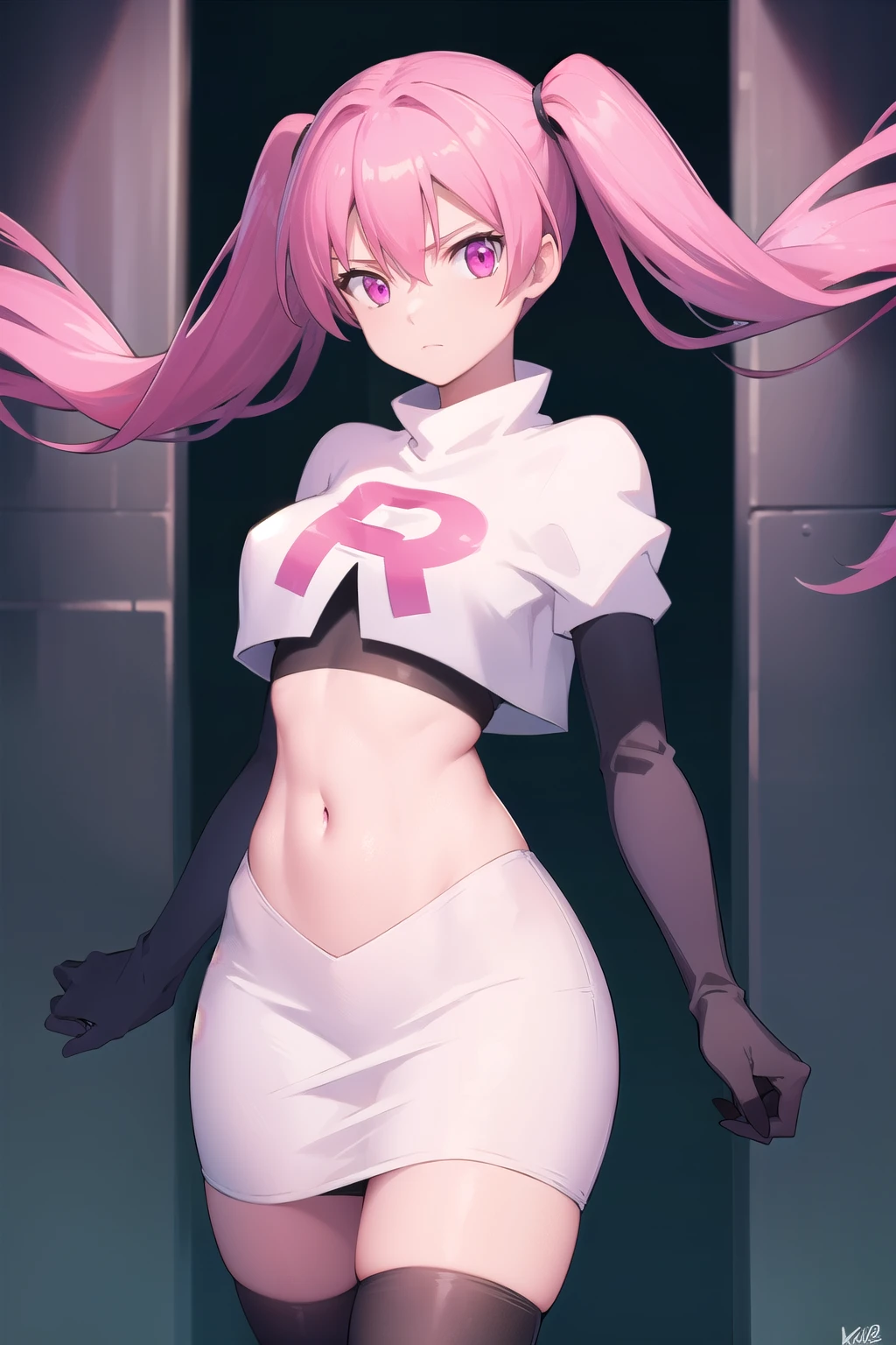 agkmine, mine, long hair, twintails, pink hair, (pink eyes:1.3),
BREAK team rocket,team rocket uniform,white skirt,red letter R,crop top,black thigh-highs,black elbow gloves,
BREAK looking at viewer, cowboy shot,
BREAK (masterpiece:1.2), best quality, high resolution, unity 8k wallpaper, (illustration:0.8), (beautiful detailed eyes:1.6), extremely detailed face, perfect lighting, extremely detailed CG, (perfect hands, perfect anatomy),