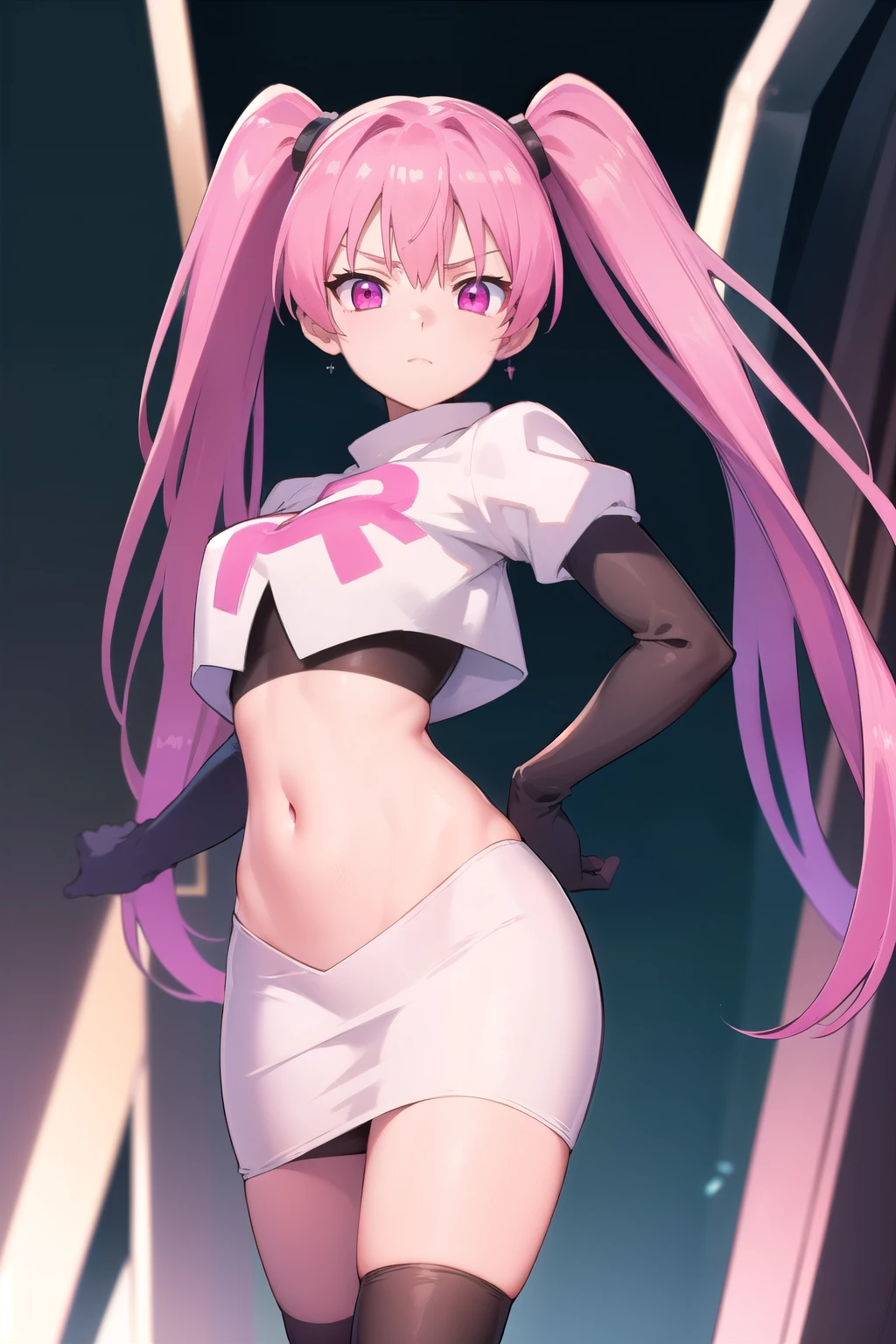 agkmine, mine, long hair, twintails, pink hair, (pink eyes:1.3),
BREAK team rocket,team rocket uniform,white skirt,red letter R,crop top,black thigh-highs,black elbow gloves,
BREAK looking at viewer, cowboy shot,
BREAK (masterpiece:1.2), best quality, high resolution, unity 8k wallpaper, (illustration:0.8), (beautiful detailed eyes:1.6), extremely detailed face, perfect lighting, extremely detailed CG, (perfect hands, perfect anatomy),