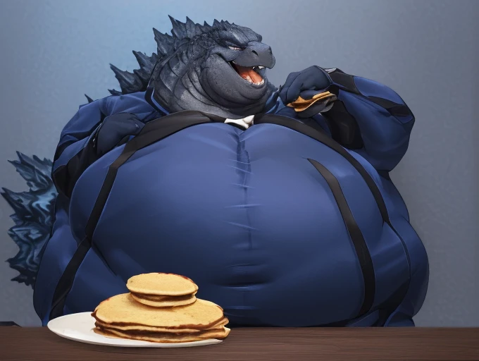 (solo:1.3) fat muscular menacing looking (1godzilla), (elegant dark-blue attair suit, black tie:2), (pudgy, belly huge enormous:1.8), (holding pancakes:1.5), (squishing suit:1.65), (godzilla is sitting by table:1.5), (scales on back of Godzilla body:1.5), (laughing:1.3), (looking at viewer:1.2), (wide shot:1.5), 8k, 1080P, masterpiece