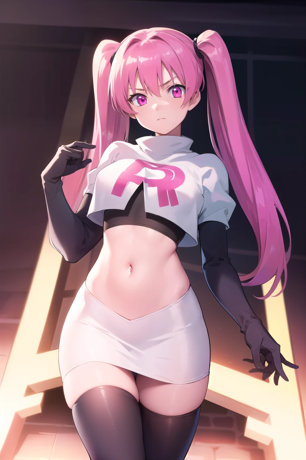 agkmine, mine, long hair, twintails, pink hair, (pink eyes:1.3),
BREAK team rocket,team rocket uniform,white skirt,red letter R,crop top,black thigh-highs,black elbow gloves,
BREAK looking at viewer, cowboy shot,
BREAK (masterpiece:1.2), best quality, high resolution, unity 8k wallpaper, (illustration:0.8), (beautiful detailed eyes:1.6), extremely detailed face, perfect lighting, extremely detailed CG, (perfect hands, perfect anatomy),