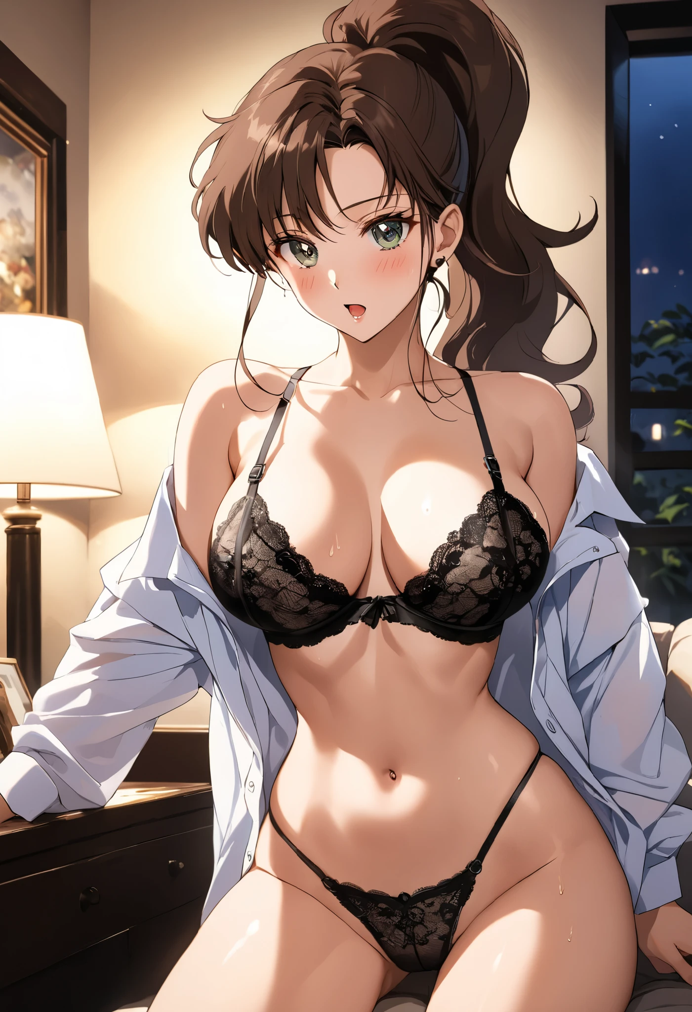 masterpiece, Best Quality, High resolution, (Makoto kino ),1990s \(style\),(E-cup beautiful breasts)、 (tall:1.2),height: 175cm,Fashion model body type、Sexy long legs,Unbuttoned long sleeve button-up shirt、Sexy black lace lingerie、Abdominal muscles、Sweating all over the body、vapor、Muscular、1girl and 1boy,nsfw,(Ahegao),blush,(vulgarity)、Anime-style painting style,Brown Hair、Ponytail Hair、Close up on upper body,Cinematic lighting,Superfine,magnificent view、The background is the living room at home、night,