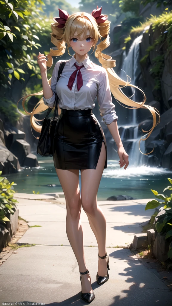 ((masterpiece)), (best quality), official art, extremely detailed CG, unity 8k wallpaper, ultra detailed,
aaharvey, long hair, twintails, twin drills, hair ribbon, 
office lady, white shirt, pencil skirt, miniskirt, high heels, 
Wide-eyed, Walking as if wearing oversized clown shoes, 
upper body, day, 
Secret Waterfall Hidden Behind a Veil of Vines,