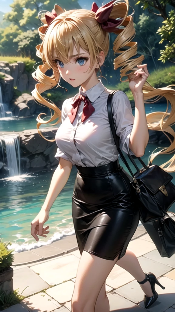 ((masterpiece)), (best quality), official art, extremely detailed CG, unity 8k wallpaper, ultra detailed,
aaharvey, long hair, twintails, twin drills, hair ribbon, 
office lady, white shirt, pencil skirt, miniskirt, high heels, 
Wide-eyed, Walking as if wearing oversized clown shoes, 
upper body, day, 
Secret Waterfall Hidden Behind a Veil of Vines,