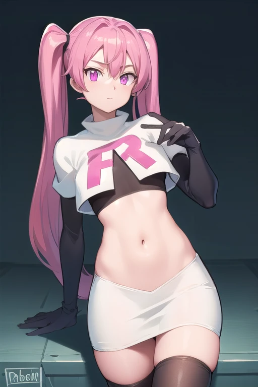 agkmine, mine, long hair, twintails, pink hair, (pink eyes:1.3),
BREAK team rocket,team rocket uniform,white skirt,red letter R,crop top,black thigh-highs,black elbow gloves,
BREAK looking at viewer, cowboy shot,
BREAK (masterpiece:1.2), best quality, high resolution, unity 8k wallpaper, (illustration:0.8), (beautiful detailed eyes:1.6), extremely detailed face, perfect lighting, extremely detailed CG, (perfect hands, perfect anatomy),