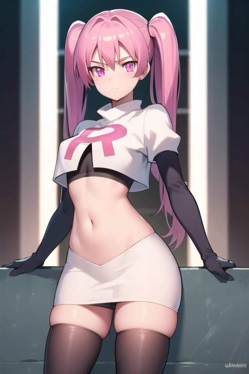 agkmine, mine, long hair, twintails, pink hair, (pink eyes:1.3),
BREAK team rocket,team rocket uniform,white skirt,red letter R,crop top,black thigh-highs,black elbow gloves,
BREAK looking at viewer, cowboy shot,
BREAK (masterpiece:1.2), best quality, high resolution, unity 8k wallpaper, (illustration:0.8), (beautiful detailed eyes:1.6), extremely detailed face, perfect lighting, extremely detailed CG, (perfect hands, perfect anatomy),