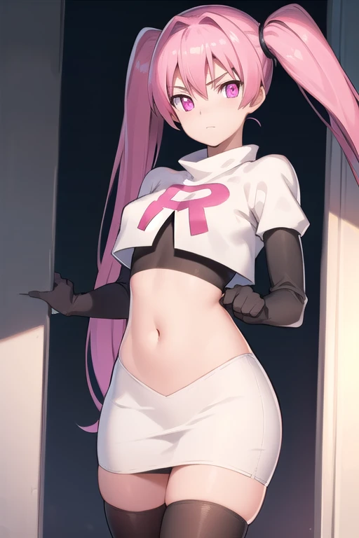 agkmine, mine, long hair, twintails, pink hair, (pink eyes:1.3),
BREAK team rocket,team rocket uniform,white skirt,red letter R,crop top,black thigh-highs,black elbow gloves,
BREAK looking at viewer, cowboy shot,
BREAK (masterpiece:1.2), best quality, high resolution, unity 8k wallpaper, (illustration:0.8), (beautiful detailed eyes:1.6), extremely detailed face, perfect lighting, extremely detailed CG, (perfect hands, perfect anatomy),