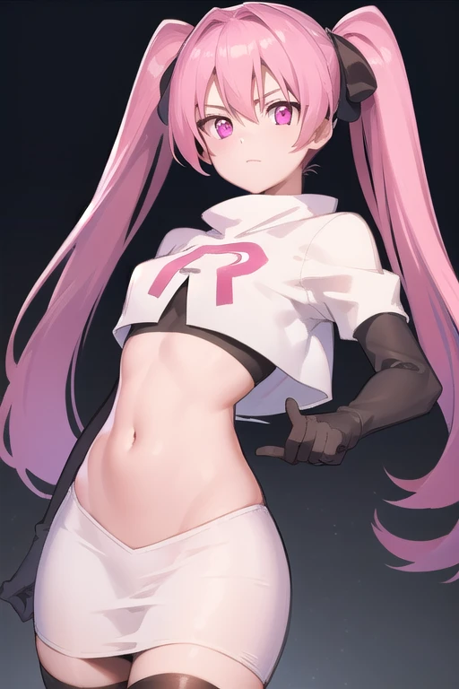 agkmine, mine, long hair, twintails, pink hair, (pink eyes:1.3),
BREAK team rocket,team rocket uniform,white skirt,red letter R,crop top,black thigh-highs,black elbow gloves,
BREAK looking at viewer, cowboy shot,
BREAK (masterpiece:1.2), best quality, high resolution, unity 8k wallpaper, (illustration:0.8), (beautiful detailed eyes:1.6), extremely detailed face, perfect lighting, extremely detailed CG, (perfect hands, perfect anatomy),