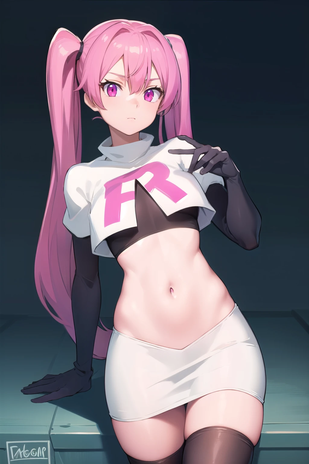 agkmine, mine, long hair, twintails, pink hair, (pink eyes:1.3),
BREAK team rocket,team rocket uniform,white skirt,red letter R,crop top,black thigh-highs,black elbow gloves,
BREAK looking at viewer, cowboy shot,
BREAK (masterpiece:1.2), best quality, high resolution, unity 8k wallpaper, (illustration:0.8), (beautiful detailed eyes:1.6), extremely detailed face, perfect lighting, extremely detailed CG, (perfect hands, perfect anatomy),