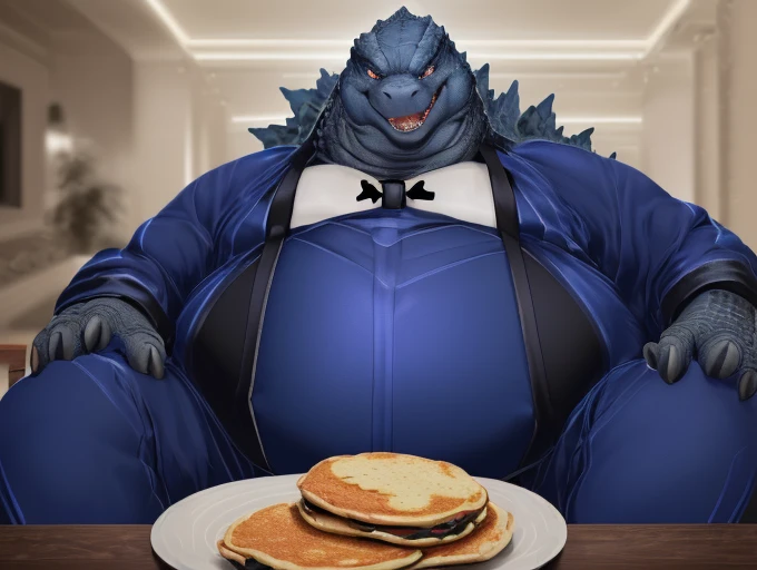 (solo:1.3) fat muscular menacing looking (1godzilla), (elegant dark-blue attair suit, black tie:2), (pudgy, belly huge enormous:1.8), (holding pancakes:1.5), (squishing suit:1.65), (godzilla is sitting by table:1.5), (scales on back of Godzilla body:1.5), (laughing:1.3), (looking at viewer:1.2), (wide shot:1.5), 8k, 1080P, masterpiece