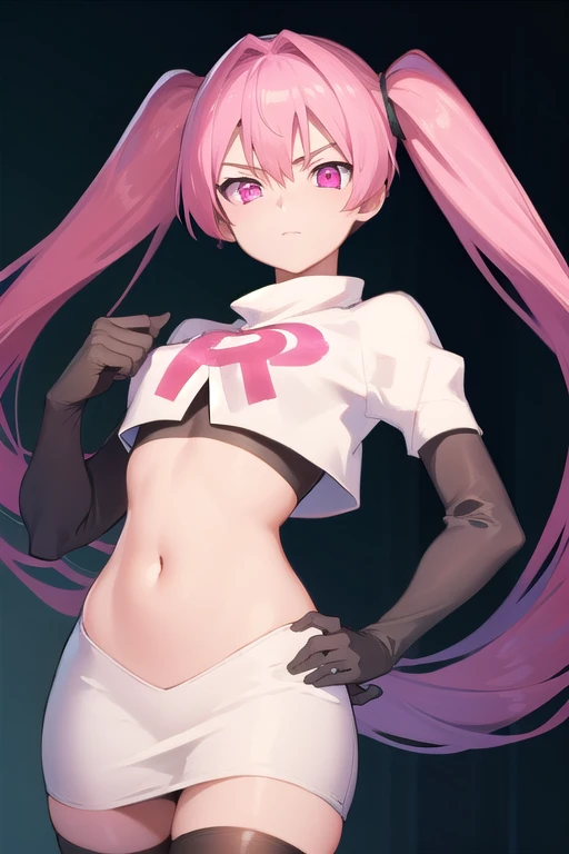 agkmine, mine, long hair, twintails, pink hair, (pink eyes:1.3),
BREAK team rocket,team rocket uniform,white skirt,red letter R,crop top,black thigh-highs,black elbow gloves,
BREAK looking at viewer, cowboy shot,
BREAK (masterpiece:1.2), best quality, high resolution, unity 8k wallpaper, (illustration:0.8), (beautiful detailed eyes:1.6), extremely detailed face, perfect lighting, extremely detailed CG, (perfect hands, perfect anatomy),