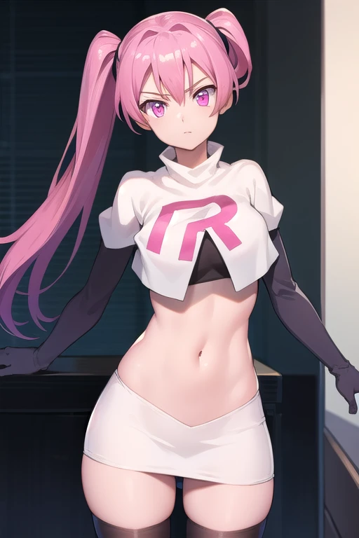 agkmine, mine, long hair, twintails, pink hair, (pink eyes:1.3),
BREAK team rocket,team rocket uniform,white skirt,red letter R,crop top,black thigh-highs,black elbow gloves,
BREAK looking at viewer, cowboy shot,
BREAK (masterpiece:1.2), best quality, high resolution, unity 8k wallpaper, (illustration:0.8), (beautiful detailed eyes:1.6), extremely detailed face, perfect lighting, extremely detailed CG, (perfect hands, perfect anatomy),