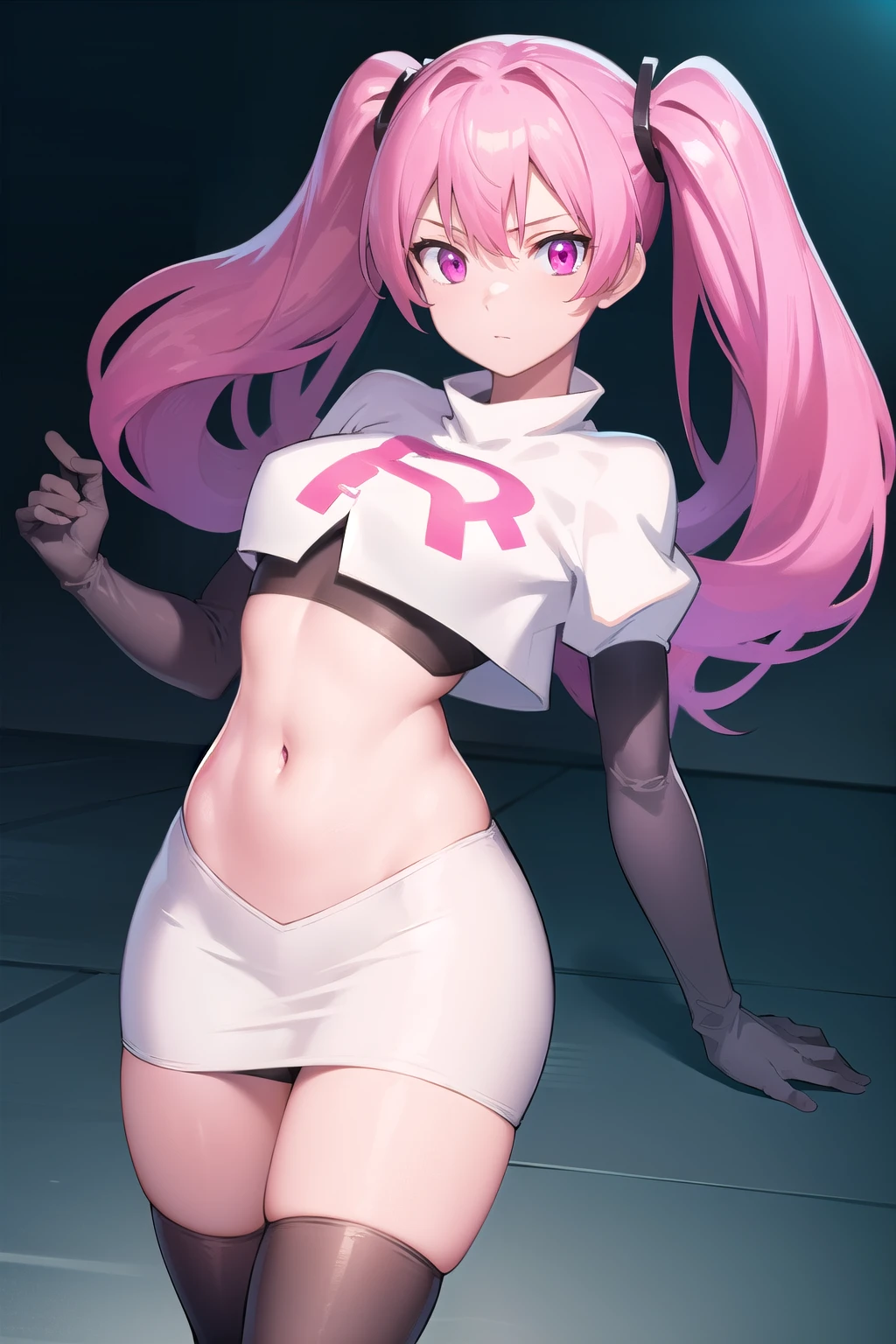 agkmine, mine, long hair, twintails, pink hair, (pink eyes:1.3),
BREAK team rocket,team rocket uniform,white skirt,red letter R,crop top,black thigh-highs,black elbow gloves,
BREAK looking at viewer, cowboy shot,
BREAK (masterpiece:1.2), best quality, high resolution, unity 8k wallpaper, (illustration:0.8), (beautiful detailed eyes:1.6), extremely detailed face, perfect lighting, extremely detailed CG, (perfect hands, perfect anatomy),